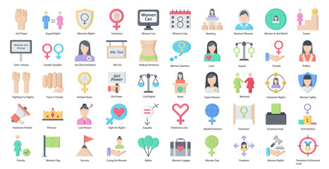 Feminism Flat Icons Woman Gender Equality Iconset in Color Style 50 Vector Icons