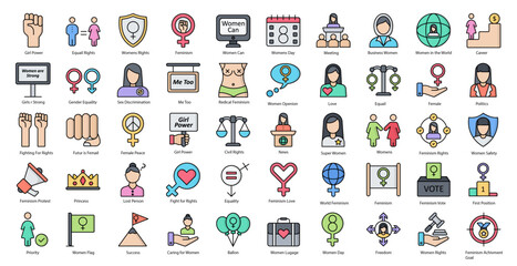 Feminism Line Color Icons Woman Gender Equality Iconset in Filled Outline Style 50 Vector Icons - obrazy, fototapety, plakaty