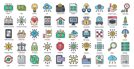 Fintech Line Color Icons Finance Technology API Filled Outline Icons