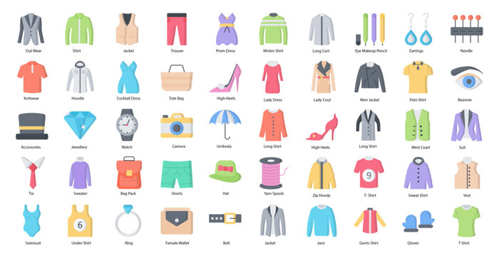 Fashion Flat Icons Clothing Clothes Dress Iconset in Color Style 50 Vector Icons