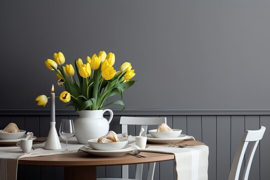 A pleasant dining room design with a grey wall has a white lamp over a wooden table with yellow tulips. Generative AI