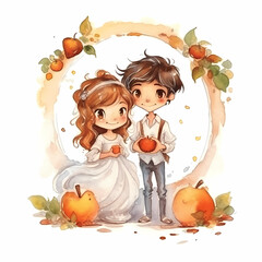 bride and groom with pumpkins