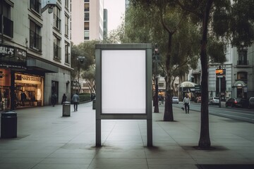 a white empty blank canvas poster screen sign for ads in a city on a street. Generative AI