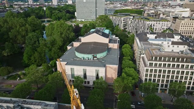 Drone shot of Deutsche Oper am Rhein / Ballett am Rhein . Opernhaus D&uuml;sseldorf ( Dusseldorf Opera House) is a venue and administrative headquarters of the Deutsche Oper am Rhein.