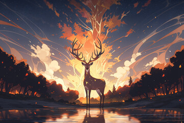 cartoon hand drawn beautiful forest scene deer fairy tale illustration