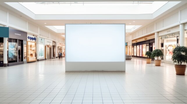 a white empty blank canvas billboard poster screen in a shopping mall in a city. Generative AI