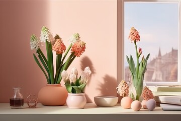 Easter still life in spring. Hyacinth in a flower container, Scandinavian interior, card mockup Generative AI