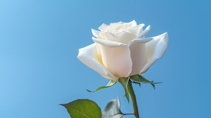 Closeup of single flower of white rose against a blue sky background. Generative AI.
