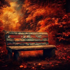 weathered wooden bench in autumn forest