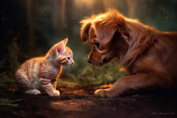 Kitten playing with a dog