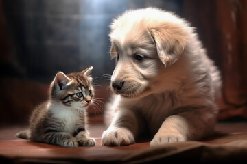 Naklejka na ściany i meble Kitten playing with a dog
