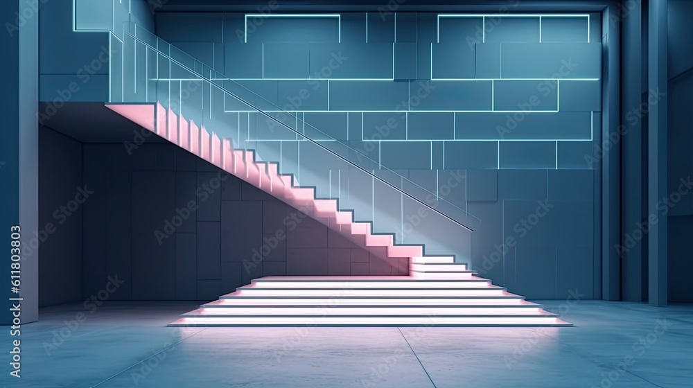 Poster . interior of an abstract space with a staircase and white neon lights. background of futuristic arc