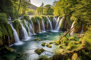 Obraz premium Plitvice Lakes landscape, created using AI generative technology 