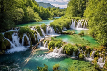 Fototapeta na wymiar Plitvice Lakes landscape, created using AI generative technology 