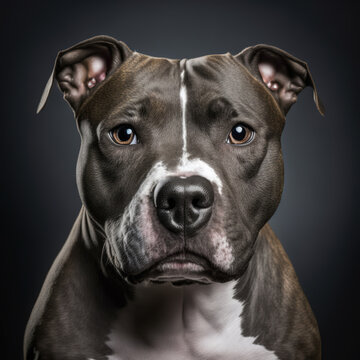 Ravishing American stafford terrier studio portrait in black isolated background, funny domestic dog face in hyper realistic detail pitbull by Generative AI.