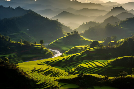 Rice terraces of Mu Can Chai, Vietnam created using AI generative technology  