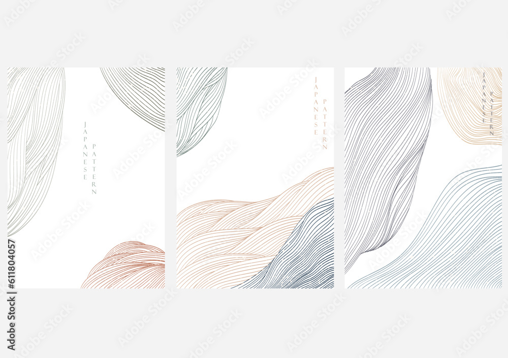 Wall mural japanese background with hand drawn line wave pattern vector. abstract art template with geometric p