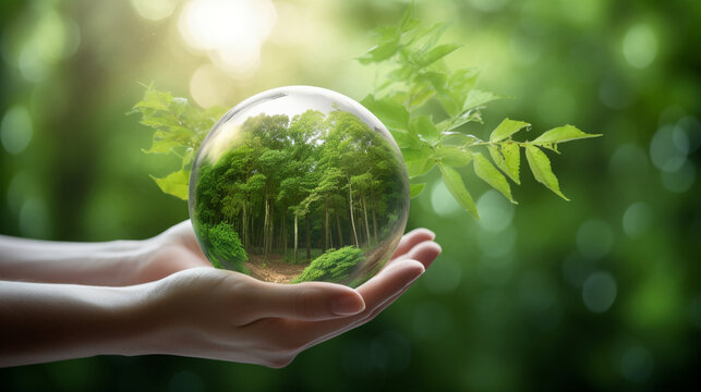 hand holding green globe, save the planet, environment, earth