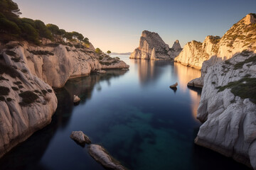 Fototapeta na wymiar A beautiful landscape of the Calanques in France, created using AI generative technology 