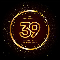 39 year anniversary logo with double line number style and gold color ring, logo vector template
