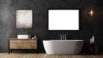 Fototapeta na wymiar Interior of a dark bathroom with an empty poster on the wall. a mockup Generative AI