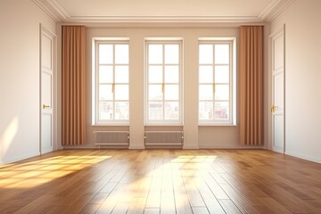Obraz premium Interior of an empty room with two wooden-framed windows, white walls, and a wooden floor. Design for a new house. a mockup Generative AI