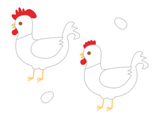 雄鶏と雌鳥の2匹のニワトリのイラスト