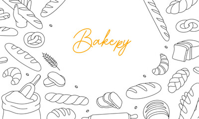 Bakery products horizontal outline banner. Breads and pastry menu illustration. Wheat bread, pretzel, ciabatta, croissant, french baguette.