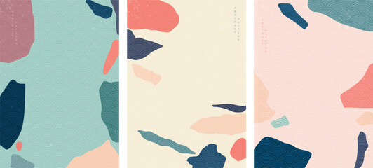 Abstract art background with Japanese wave pattern vector. Stone and rock in vintage style. Natural template design.