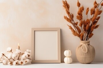 Minimal Fall Concept Mockup for Designers. Dry flowers for decor on a frame. Interior of a home Generative AI