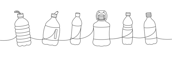 Plastic bottles one line continuous drawing. Empty plastic bottles continuous one line illustration. Vector linear illustration.