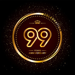 99 year anniversary logo with double line number style and gold color ring, logo vector template - obrazy, fototapety, plakaty