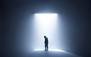 Silhouette of man in hoodie, empty dark room. Depression, Sadness Concept -Generative Ai