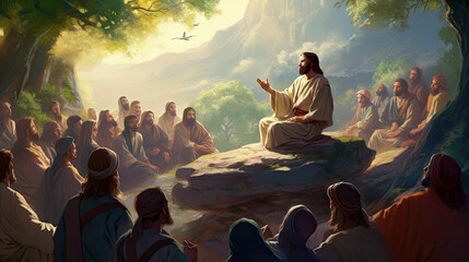Jesus speaking by parables. Bible story. Painting illustration, generative ai.