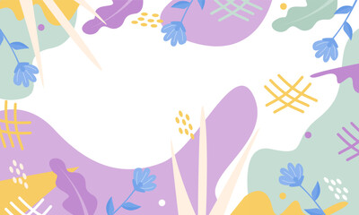 Hand drawn abstract trendy organic shapes and flowers plants background. Aesthetic banner, poster and template.