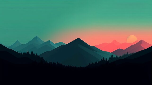 A minimalist nature background with mountains and sun. Generative AI. © Elle Arden 