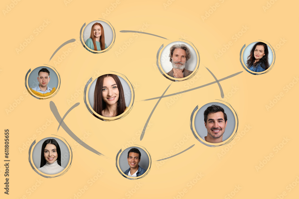 Poster scheme with avatars linked together as network on pale orange background