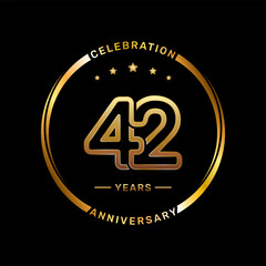42th anniversary logo with double line number style and gold color ring, logo vector template