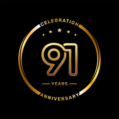 91th anniversary logo with double line number style and gold color ring, logo vector template