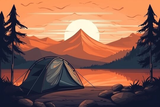 illustration of a campig tent on the mountain forest at sunrise or sunset, cosy scene of hiking and camp on the nature, summer trip to the lake, generative AI