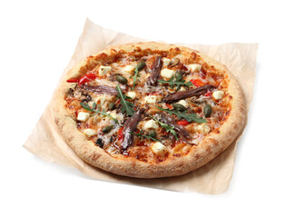 Tasty pizza with anchovies, arugula and olives isolated on white