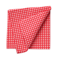 Red checkered tablecloth on white background, top view