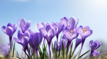 Beautiful purple crocus flowers against a blue sky. Generative AI.