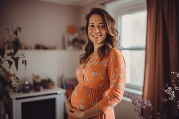 Portrait of a beautiful pregnant woman in orange dress at home. - obrazy, fototapety, plakaty
