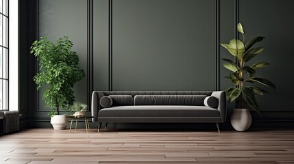 Interior of a minimalist and opulent grey home featuring a green velvet sofa and a black coffee table with a plant. Inscription space in the copy, poster mockup. brown wood flooring. Generative AI