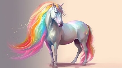 Naklejka na ściany i meble A horse with a rainbow mane and tail. Fantasy concept , Illustration painting. Generative Ai