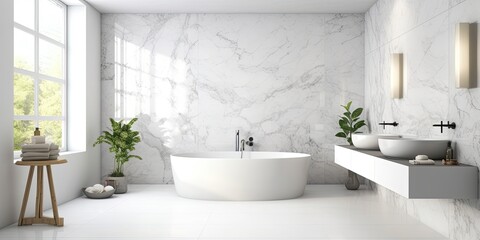 Obraz na płótnie Canvas Wall mockup and white, pleasant bathroom background Generative AI