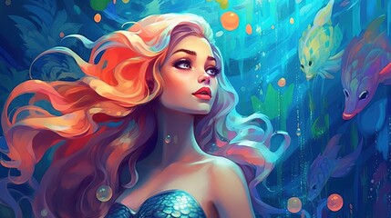 Fototapeta na wymiar Beautiful mermaid under the water. Fantasy concept , Illustration painting. Generative Ai