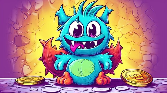 Cartoon blue dragon monster with coins lying nearby. Fantasy concept , Illustration painting. Generative Ai