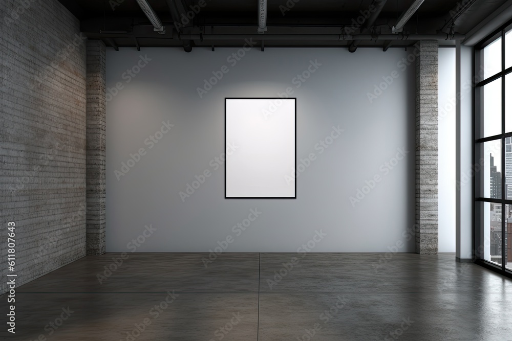 Poster mockup of a blank poster on a black floor in an empty room. generative ai